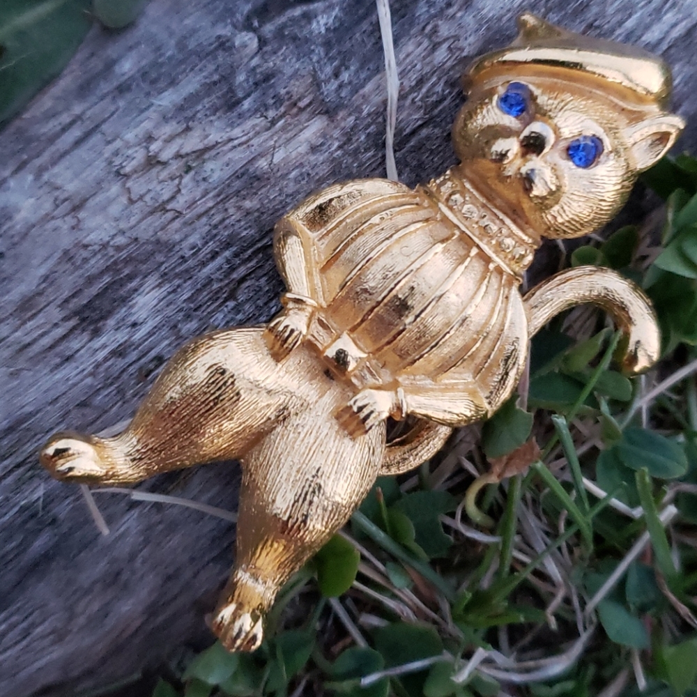 Vtg Baret Sweater Wearing Gerry's Kitty Cat Figural Gold Rhinestone Brooch Pin - Picture 10 of 11